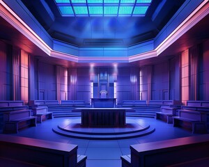 An artistic interpretation of a courtroom setting, highlighting the judges bench, witness stand, and jury box , Technology concept, futuristic background