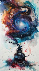 An inkwell that spills out to form a galaxy, symbolizing the universe of possibilities in art - obrazy, fototapety, plakaty