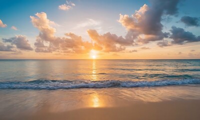 Wide golden sunrise over beach with beautiful sky, tranquil relaxing atmosphere, summer mood, calmness holiday vacation theme.