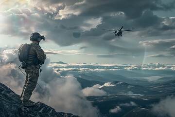 dynamic composition featuring a military surveillance officer conducting aerial reconnaissance, demonstrating the expertise and dedication required for effective surveillance opera - obrazy, fototapety, plakaty