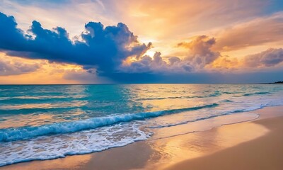 Panoramic golden sunrise over beach with beautiful sky, tranquil relaxing atmosphere, summer mood, calmness holiday vacation theme.