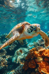 An underwater scene with graceful sea turtles swimming among coral reefs. AI generate illustration