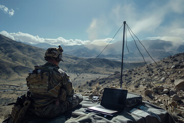 military surveillance officer overseeing reconnaissance operations in a remote location, showcasing the dedication and resourcefulness required in surveillance missions. - obrazy, fototapety, plakaty