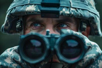 military surveillance officer in action, exemplifying the readiness and vigilance essential for maintaining national security. - obrazy, fototapety, plakaty