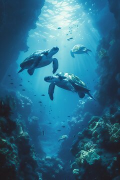 An underwater scene with graceful sea turtles swimming among coral reefs. AI generate illustration