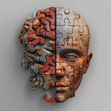 Half of the head is depicted as a normal brain, while the other half is made up of puzzle pieces, merging analytical and creative thinking
