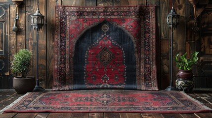 A traditional Turkish prayer rug in rich red and black with pointed arch design and detailed border patterns. 