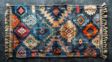 A vibrant display of Turkish kilim fabric with bold geometric patterns in shades of blue, orange, and green. 