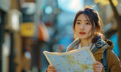 Beautiful Asian woman traveler holding a map on the street. AI Generated