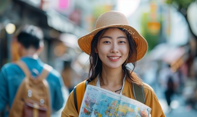 Beautiful Asian woman traveler in straw hat holding a map in the crowd on the street. AI Generated