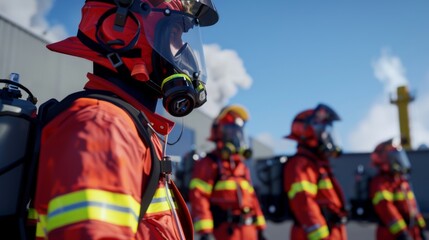 Firefighters in Gear During Safety Drill at Industrial Facility