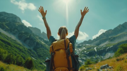 Woman, hiking on mountain top and freedom or success of travel goals, trekking adventure and nature. Back of hiker or winner in backpack and arms up