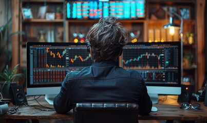 Serious business man trader analyst looking at computer monitor, investor broker analyzing indexes, financial chart trading online investment data on cryptocurrency stock market graph on pc screen