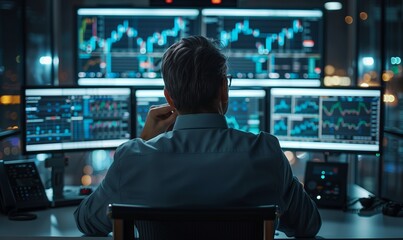 Serious business man trader analyst looking at computer monitor, investor broker analyzing indexes, financial chart trading online investment data on cryptocurrency stock market graph on pc screen