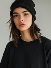 Beautiful top model girl posing in black t-shirt and hat for mock up