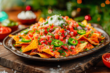 Rustic tray of nachos, using the concept of family-style Mexican cuisine. Ideal for foodie blogs and menus