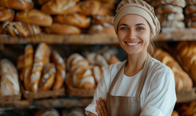 Smiling baker young woman small business owner standing with fresh bread and pastry at bakery