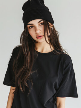 Beautiful top model girl posing in black t-shirt and hat for mock up