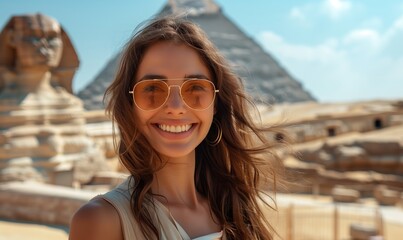 Positive smiling female tourist in a hat and sunglasses posing against the background of the Pyramids and Sphinx