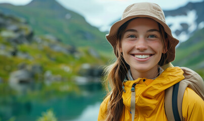 Smiling, positive woman in yellow raincoat and hat on background of blue mountain lake