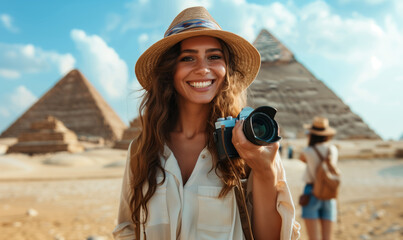Positive female tourist holding a camera on the background of the pyramids in Egypt - obrazy, fototapety, plakaty
