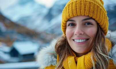 Smiling, positive woman in yellow raincoat and hat on background of ice mountains