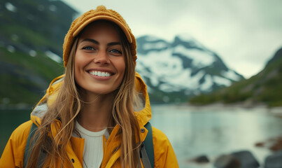 Smiling, positive woman in yellow raincoat and hat on background of blue mountain lake