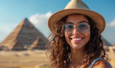 Positive smiling female tourist in a hat and sunglasses posing against the background of the pyramids in Egypt