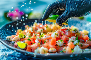 A citrus squeeze over mexican sea food ceviche. Ideal for food and travel articles and blogs. Copy space