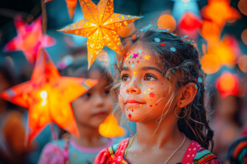 Enthralled girl with starry face paint at Mexican fiesta celebration , perfect for cultural event articles