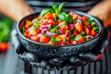 Hands in black gloves holding a vibrant, freshly made salsa bowl, freshness and color of the ingredients. Perfect for food articles and blogs.