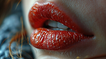 Very Close Up View of Beautiful Woman Lips With Red Glossy Lipstick