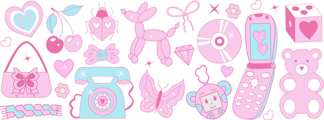 Pink girly retro coquette y2k aesthetic set, elegant vintage accessory. Lovely cute collection, gummy bear, pink ribbon, bow, balloon dog isolated on white background. Vector illustration