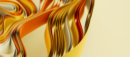 Beige and yellow layers of cloth or paper warping. Abstract fabric twist with shallow DOF. 3d render illustration - 786564975