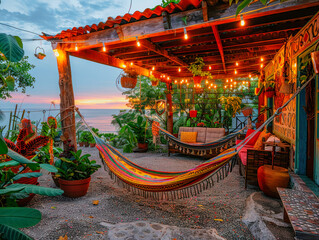 An inviting Mexican outdoor space with hammocks, traditional decorations, and warm lighting at dusk,great for lifestyle and travel blogs.