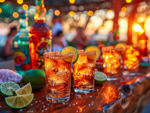 Tequila shots lined up at dusk, an invitation to vibrant evening festivities, copy space
