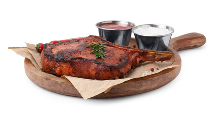 Board with tasty marinated meat, rosemary and spices isolated on white