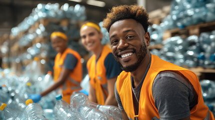 Teamwork at Plastic Recycling Facility. Multi-ethnic group of workers sorting plastics - 786565360