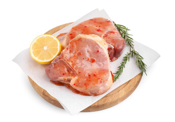 Board with raw marinated meat, lemon and rosemary isolated on white