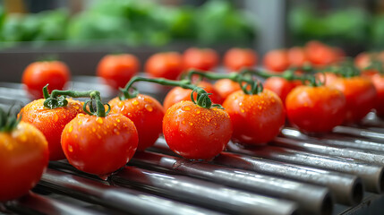 Ripe dew-covered tomatoes moving on an automated sorting line. Modern agricultural technology - 786565518