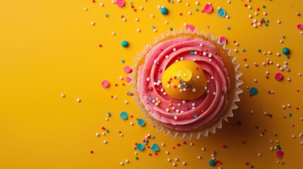 Tasty cupcake with vivid frosting and colorful sprinkles on golden backdrop top view Room for text