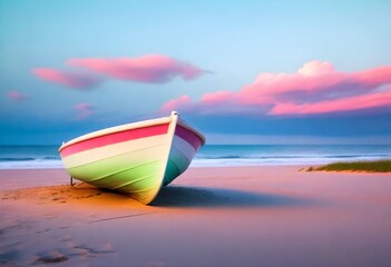 A white and green boat on a sandy beach with the ocean in the background and a sky with pink-hued clouds at sunset