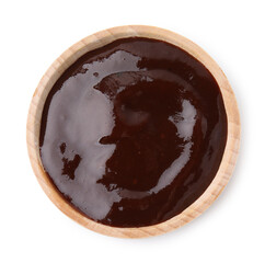 Fresh marinade in wooden bowl isolated on white, top view