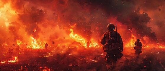 Battlefield ablaze, the horror of war - obrazy, fototapety, plakaty