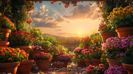 A captivating view of a gardener's paradise, with terracotta pots of various sizes arranged amidst a sea of colorful blooms, 