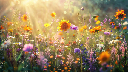 A captivating view of a sunlit field, where a riot of wildflowers including sunflowers, cosmos, and lavender creates a symphony of colors, evoking the essence of spring. 8K - obrazy, fototapety, plakaty