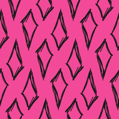 Black and pink print with repeat geometric shapes. Hand drawn abstract seamless pattern. Grunge rhombus.