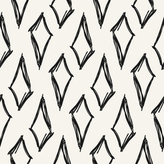 Black and white print with repeat geometric shapes. Hand drawn abstract seamless pattern. Grunge rhombus.