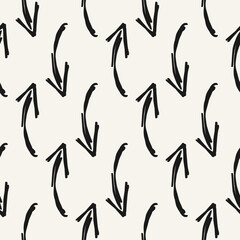 Bold geometric seamless pattern with hand drawn black arrows. Sketch with grunge texture. Scribble style.
