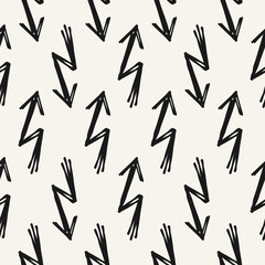 Bold geometric seamless pattern with hand drawn black arrows. Sketch with grunge texture. Scribble style.